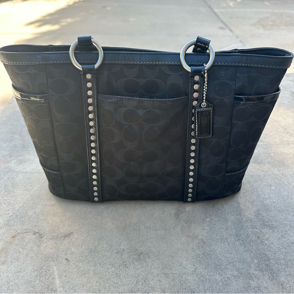 Coach Black Lurex Jacquard Signature C Studded Tote Shoulder Handbag F12853 READ - Picture 2 of 11